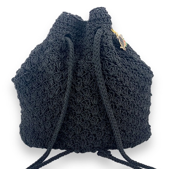 Vintage Handbags - Vintage 90's FRANKIE AND JOHNNIE black woven macrame mini slouch backpack